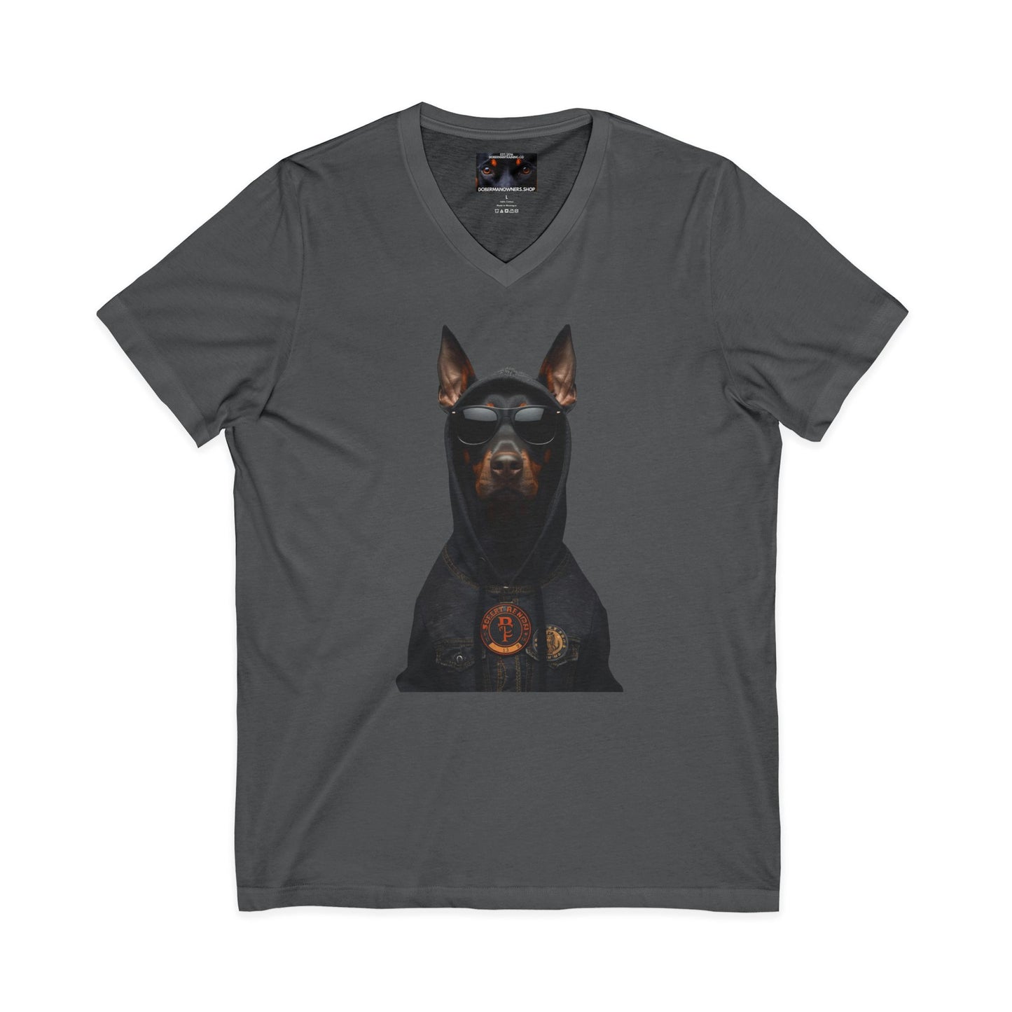 Doberman in hoodie 1 Private Label Unisex Jersey Short Sleeve V-Neck Tee