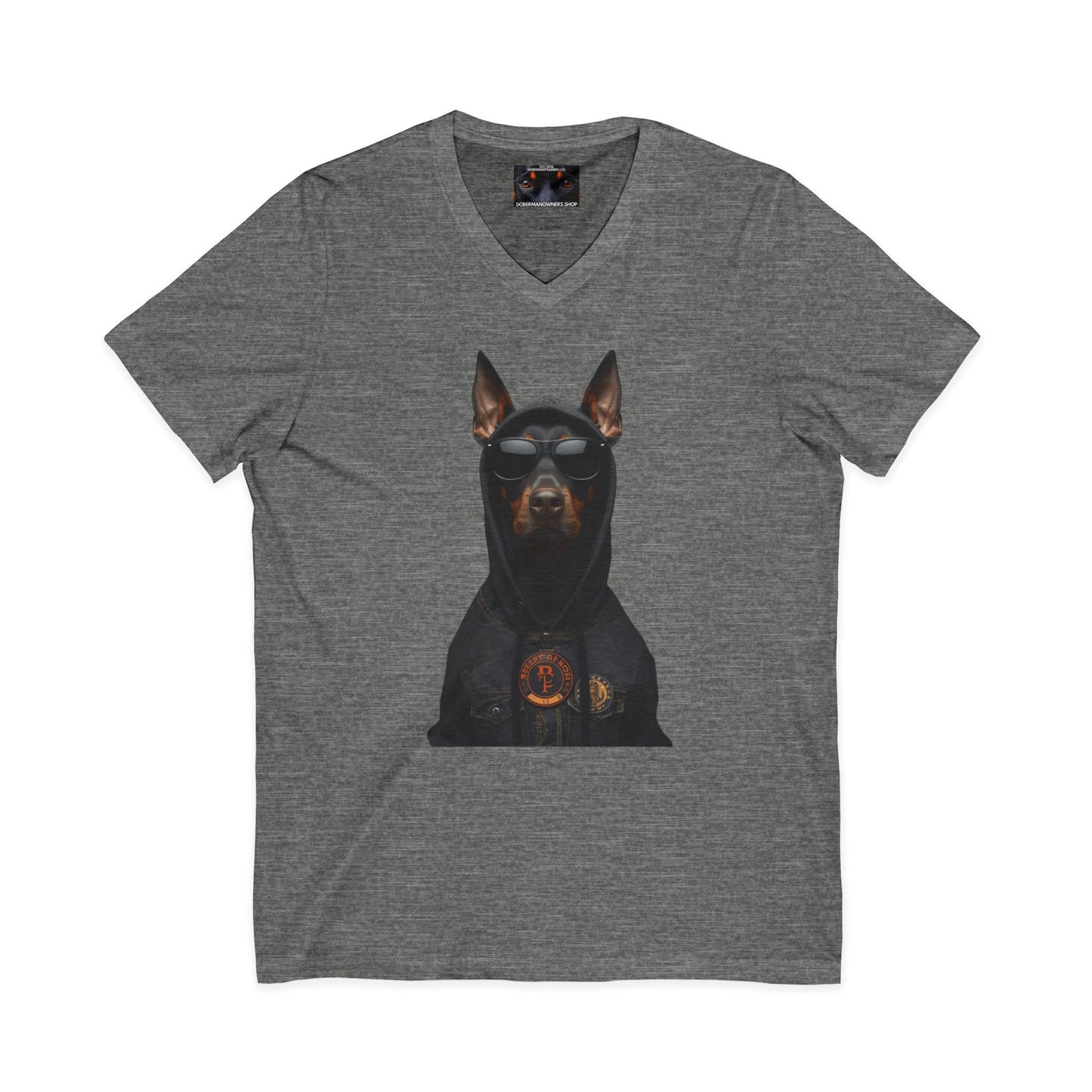 Doberman in hoodie 1 Private Label Unisex Jersey Short Sleeve V-Neck Tee