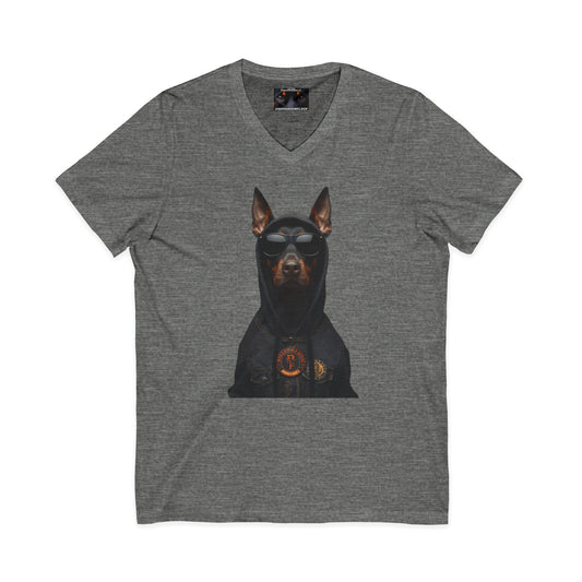 Doberman in hoodie 1 Private Label Unisex Jersey Short Sleeve V-Neck Tee