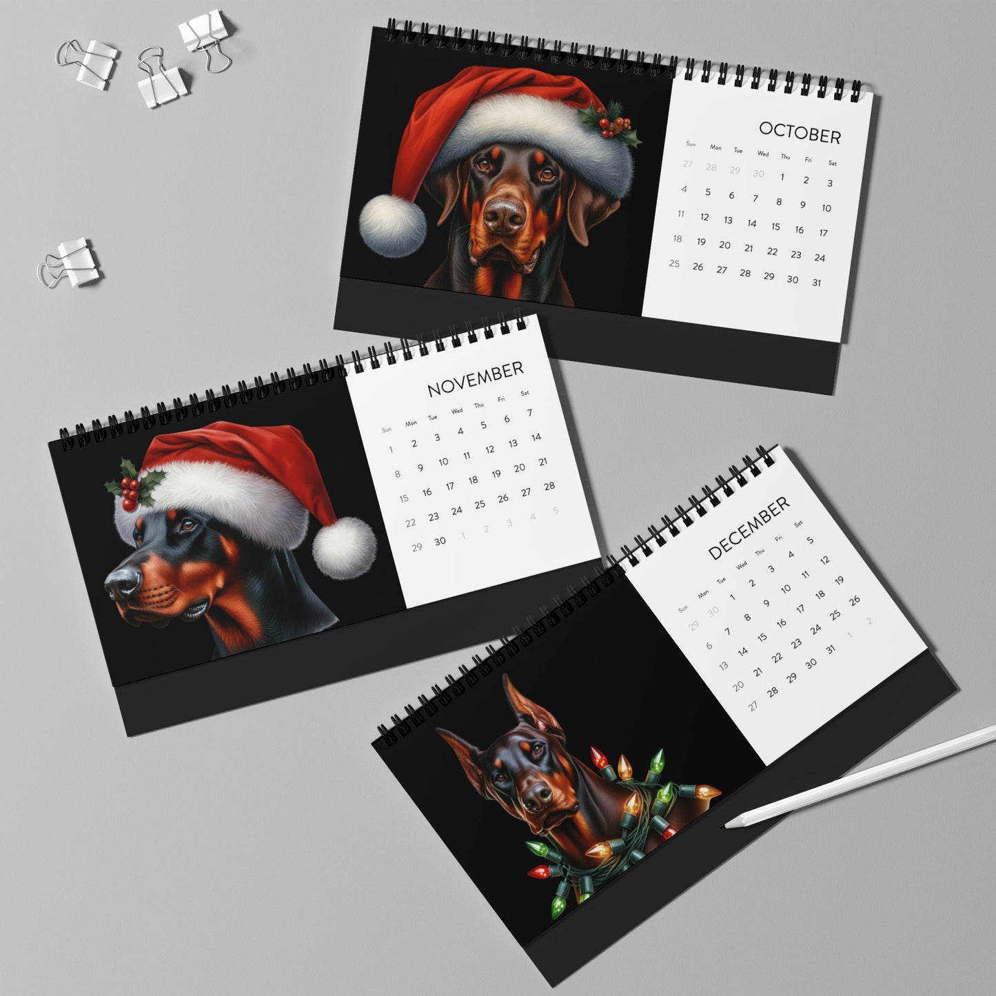 Custom Desktop Calendar — 2026 Doberman Holiday Portraits Grid