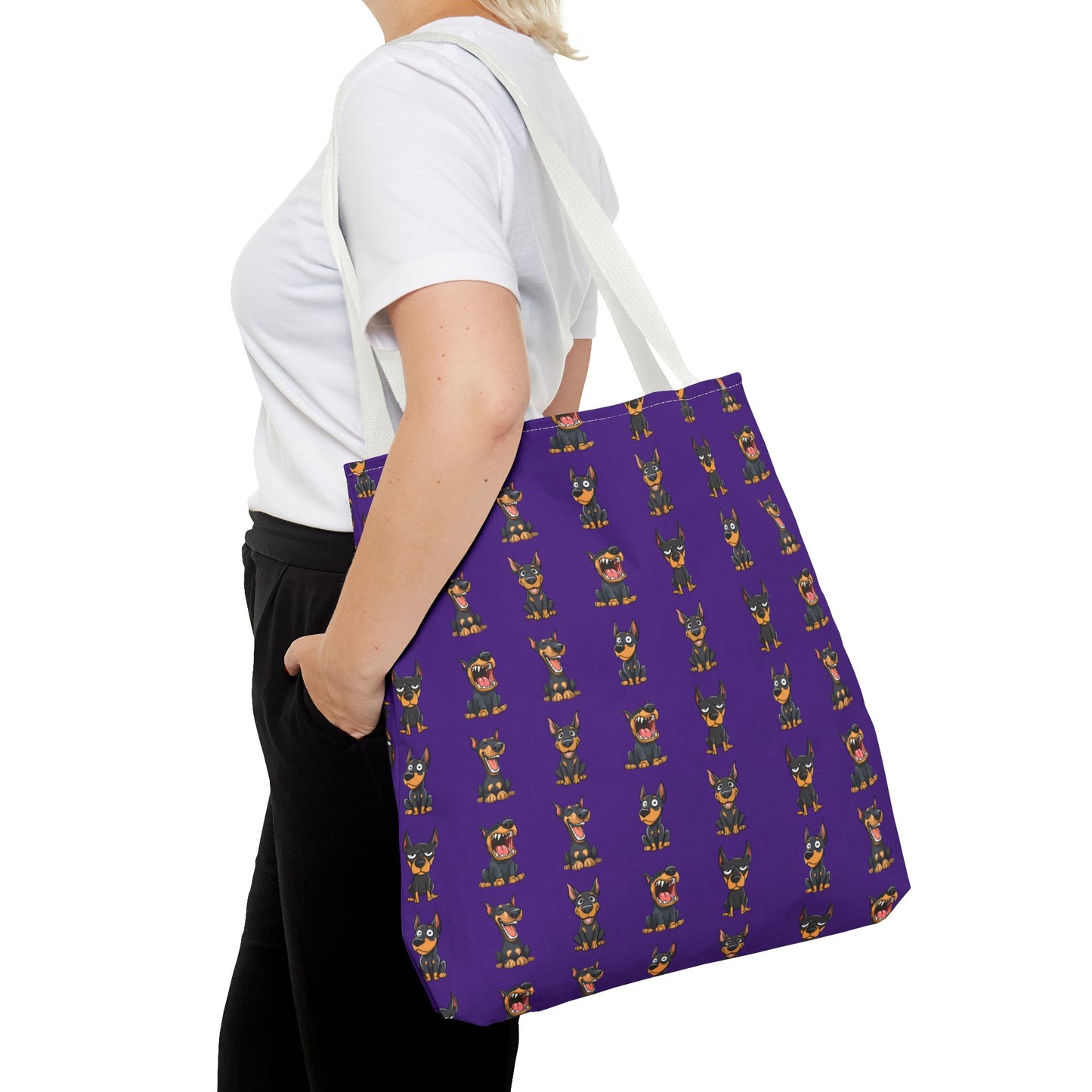 Doberman Cartoon Pattern Purple Tote Bag
