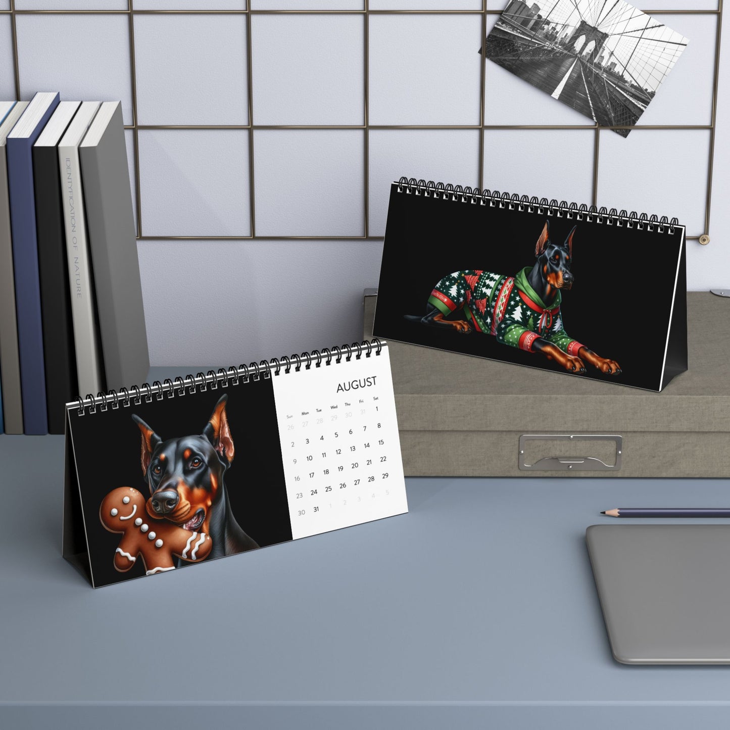 Custom Desktop Calendar — 2026 Doberman Holiday Portraits Grid