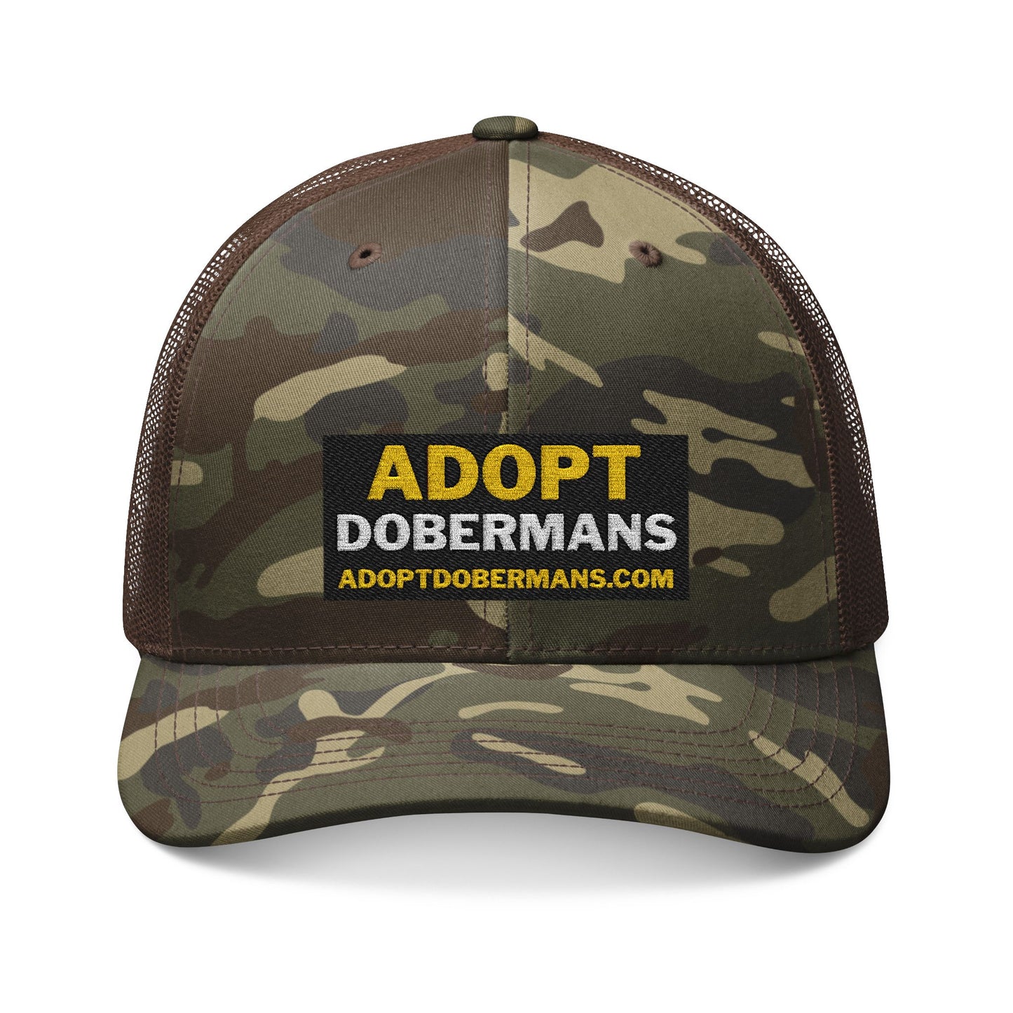 Camouflage Trucker Hat 1 — Embroidered “Adopt Dobermans” Rescue Cap
