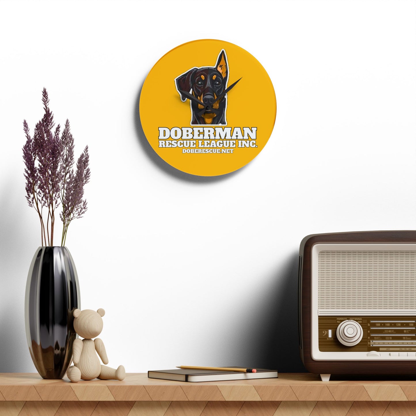 Doberman Rescue League Acrylic Wall Clock – Bright Yellow Dog Rescue Decor
