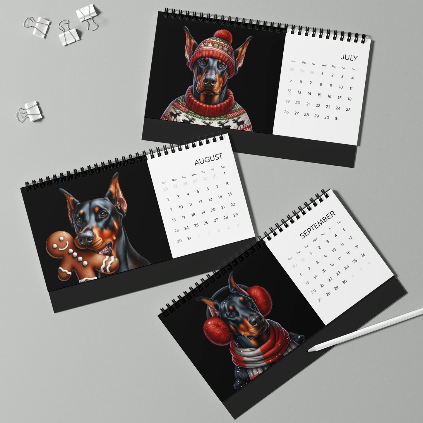 Custom Desktop Calendar — 2026 Doberman Holiday Portraits Grid