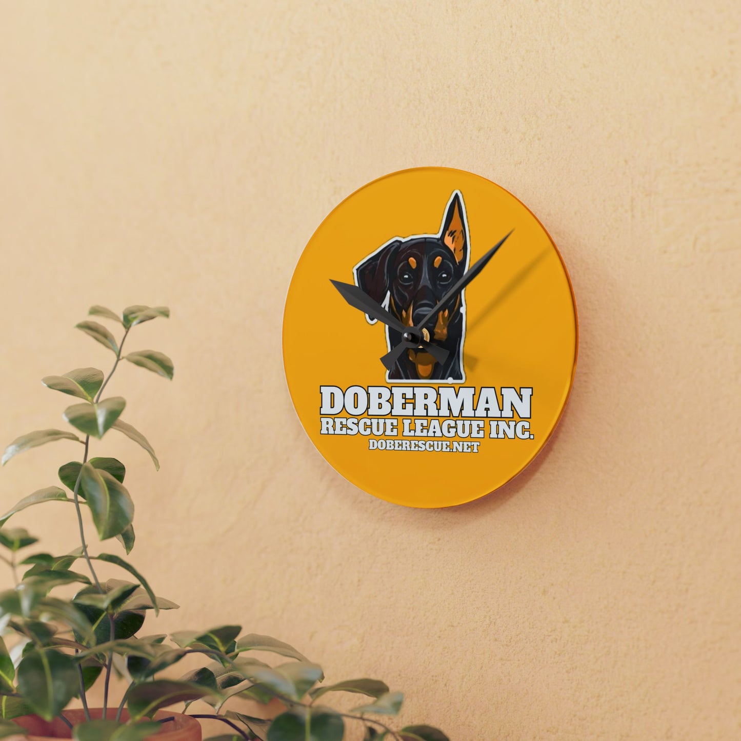 Doberman Rescue League Acrylic Wall Clock – Bright Yellow Dog Rescue Decor