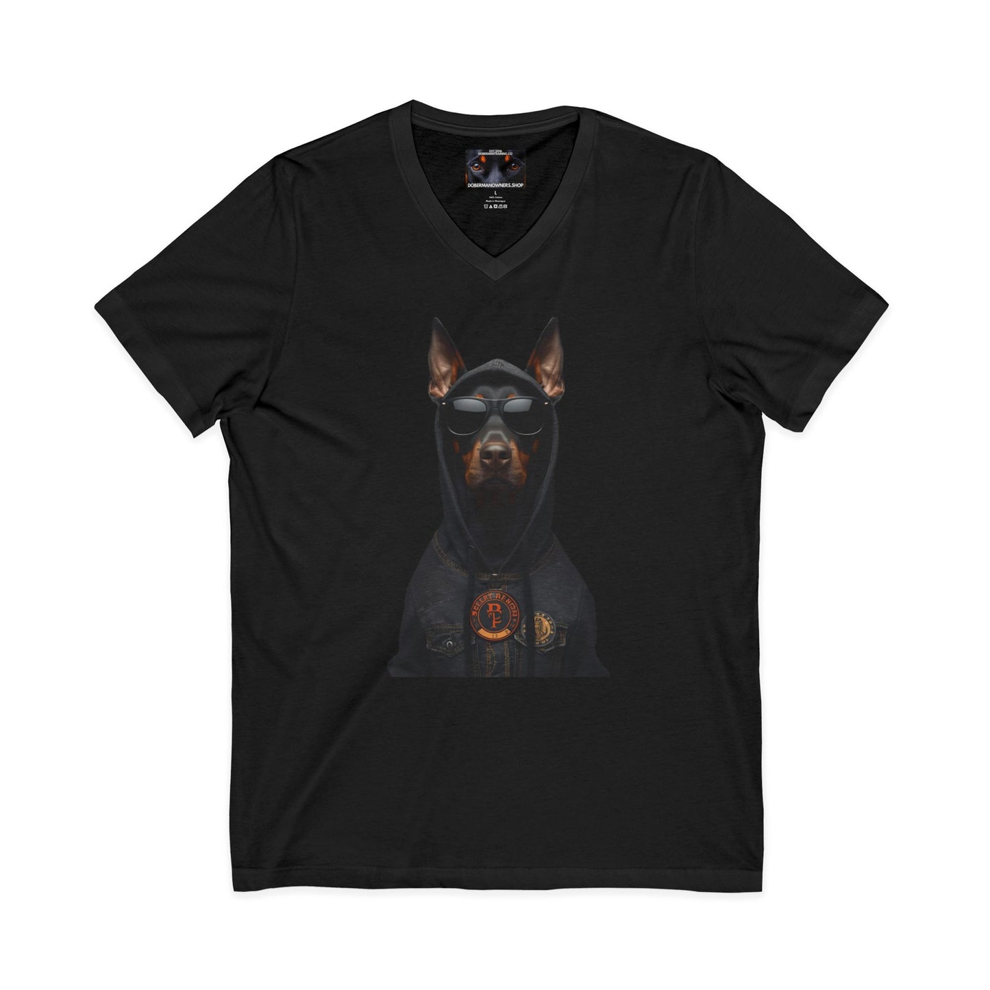 Doberman in hoodie 1 Private Label Unisex Jersey Short Sleeve V-Neck Tee