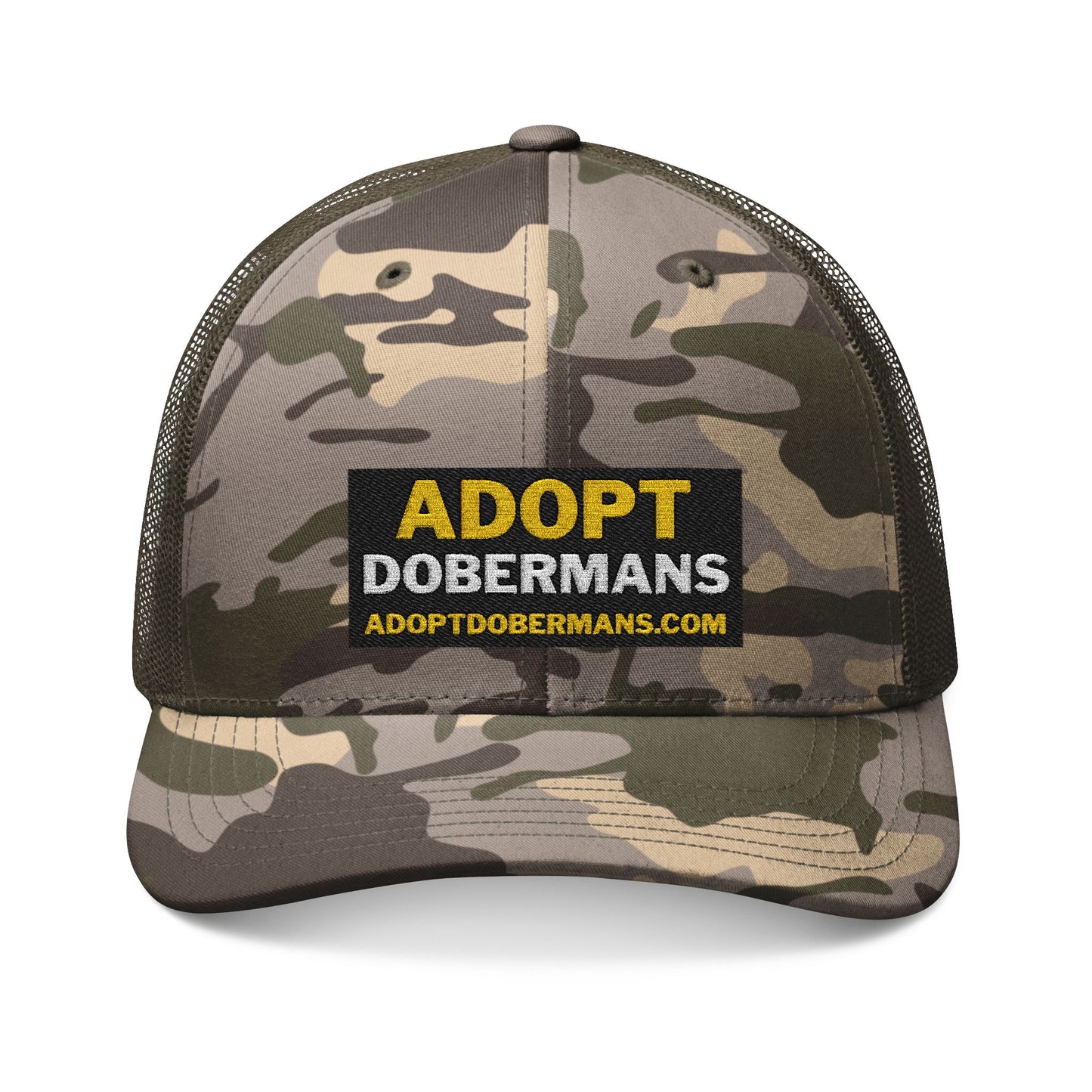 Camouflage Trucker Hat 1 — Embroidered “Adopt Dobermans” Rescue Cap