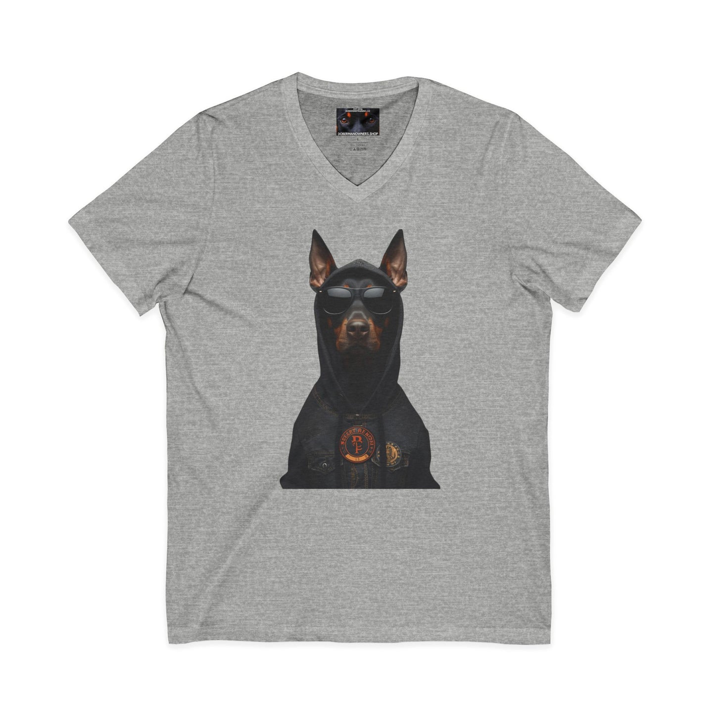 Doberman in hoodie 1 Private Label Unisex Jersey Short Sleeve V-Neck Tee
