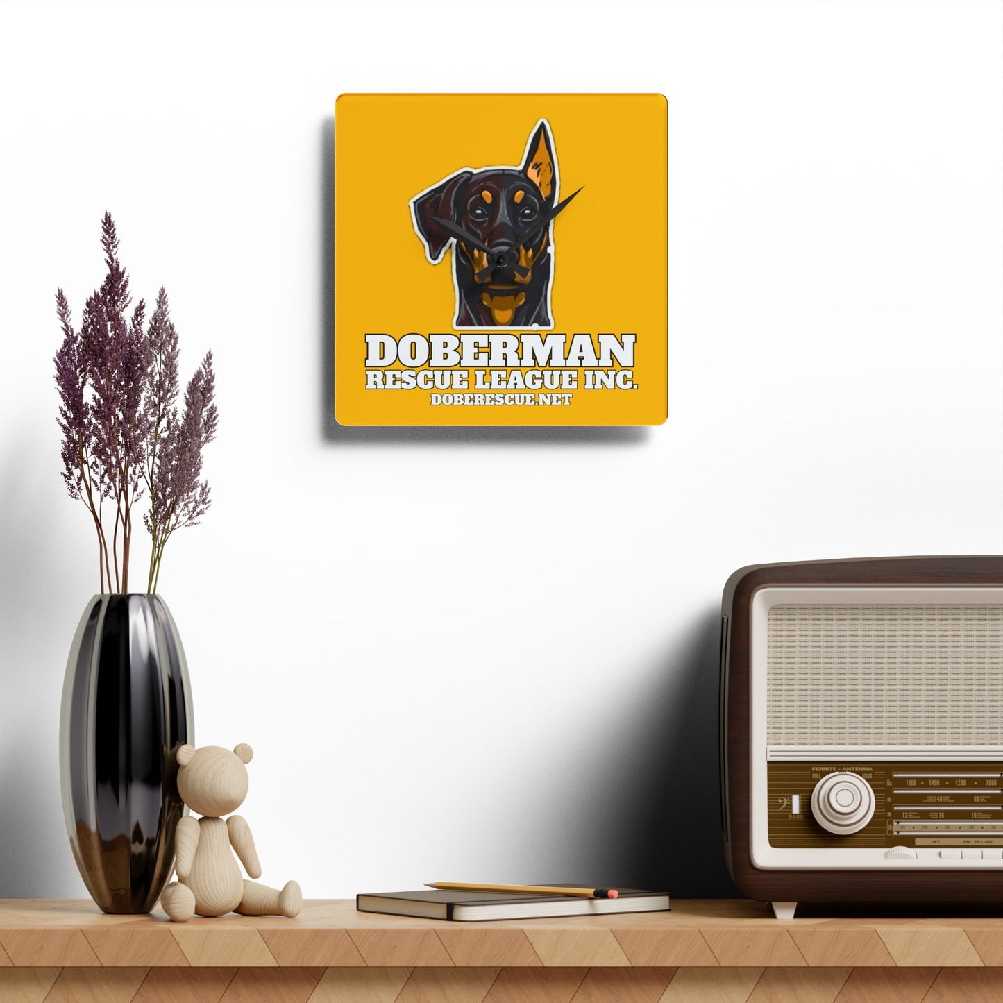 Doberman Rescue League Acrylic Wall Clock – Bright Yellow Dog Rescue Decor