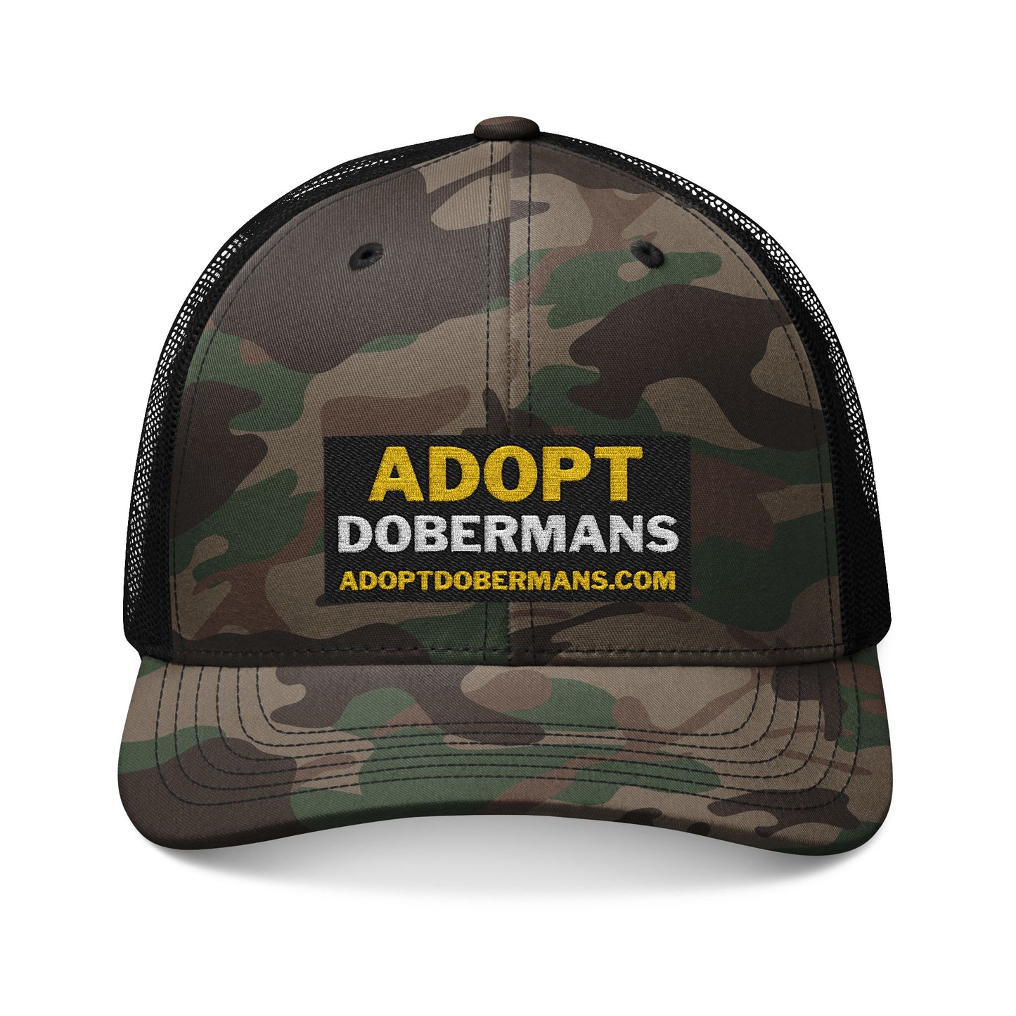 Camouflage Trucker Hat 1 — Embroidered “Adopt Dobermans” Rescue Cap