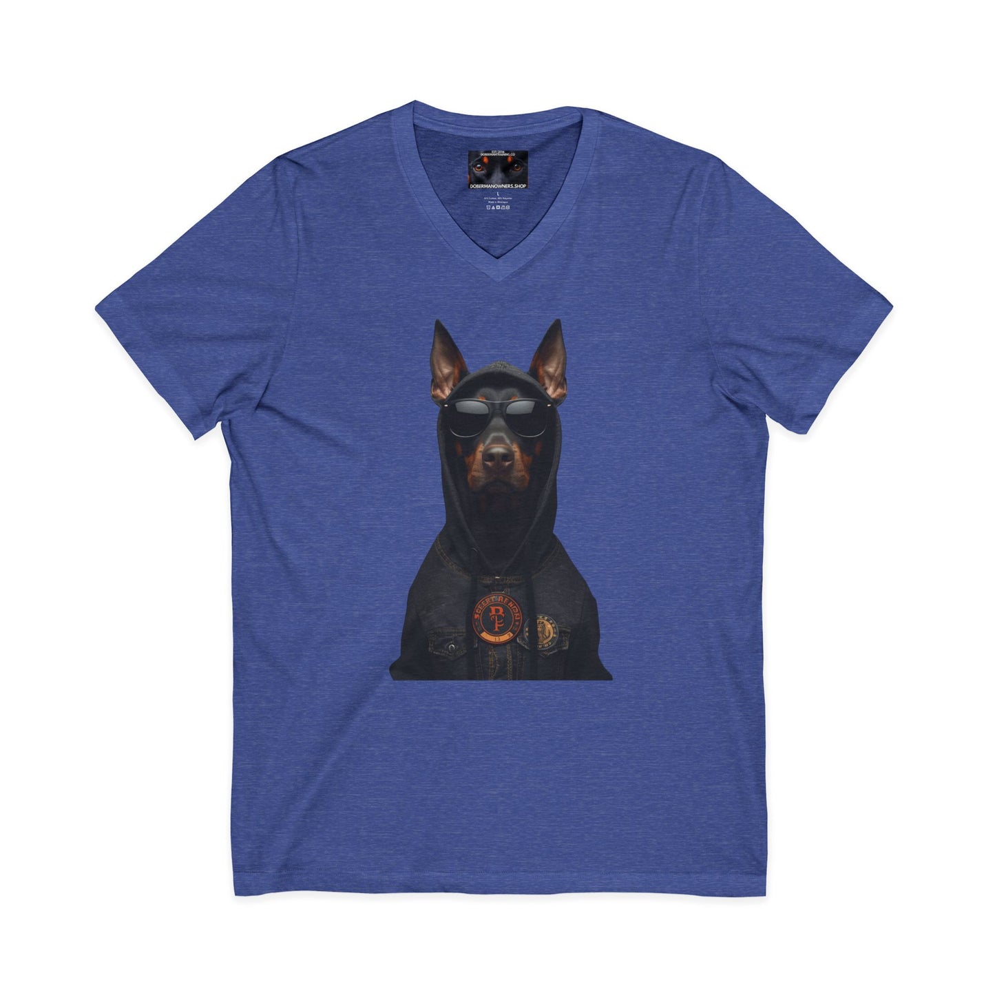 Doberman in hoodie 1 Private Label Unisex Jersey Short Sleeve V-Neck Tee
