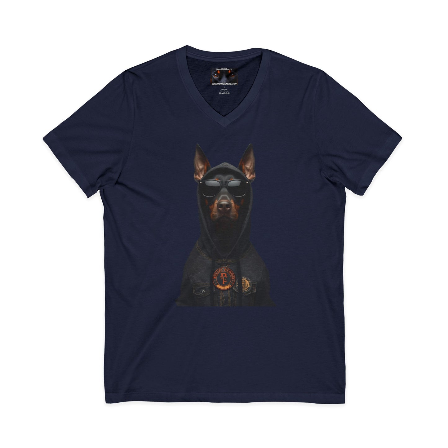 Doberman in hoodie 1 Private Label Unisex Jersey Short Sleeve V-Neck Tee