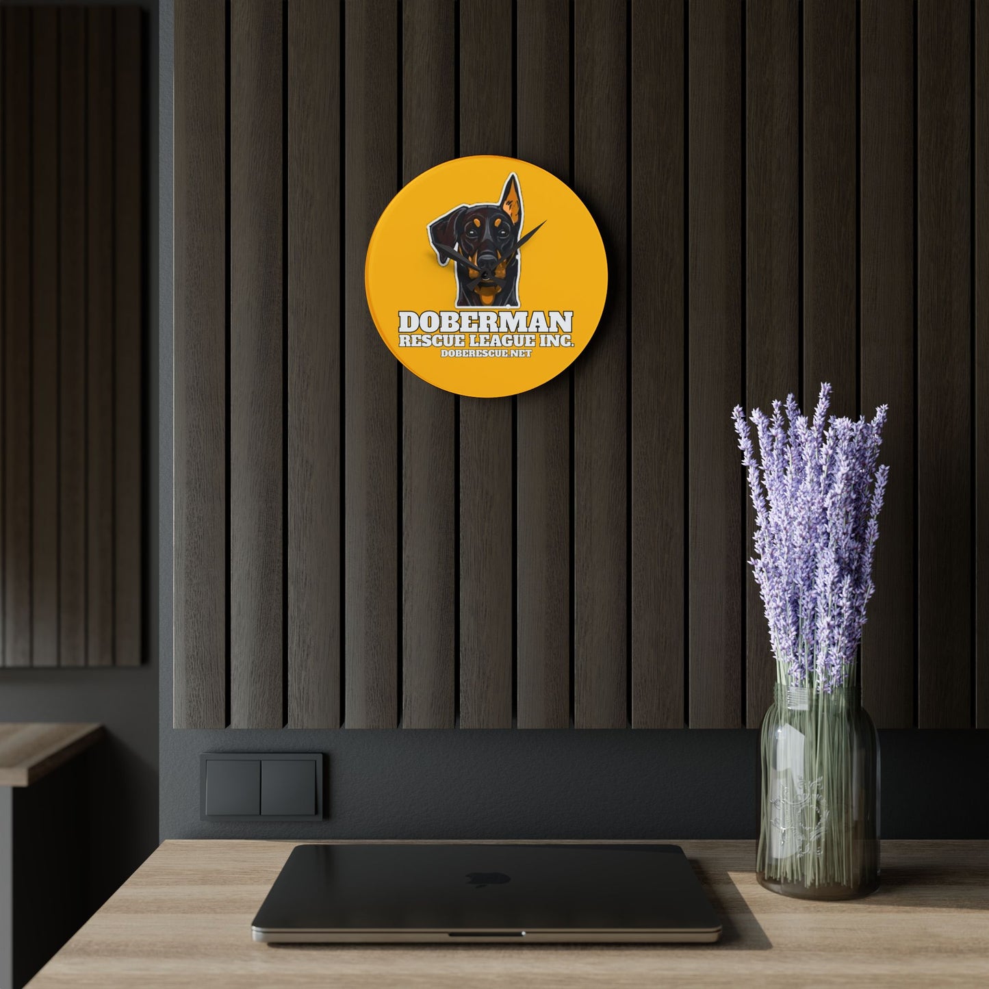 Doberman Rescue League Acrylic Wall Clock – Bright Yellow Dog Rescue Decor