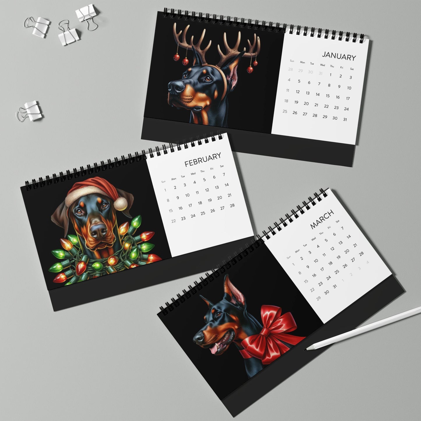 Custom Desktop Calendar — 2026 Doberman Holiday Portraits Grid