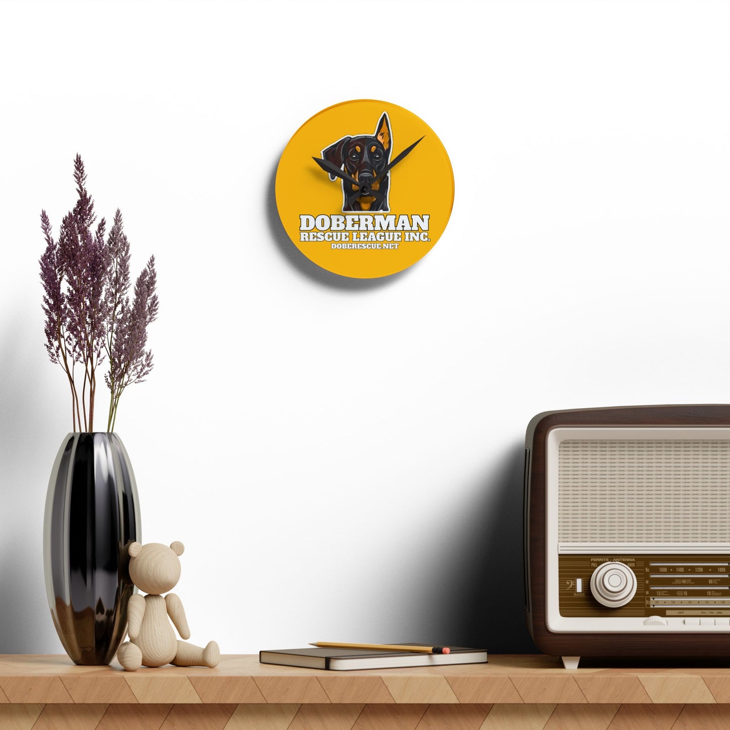 Doberman Rescue League Acrylic Wall Clock – Bright Yellow Dog Rescue Decor