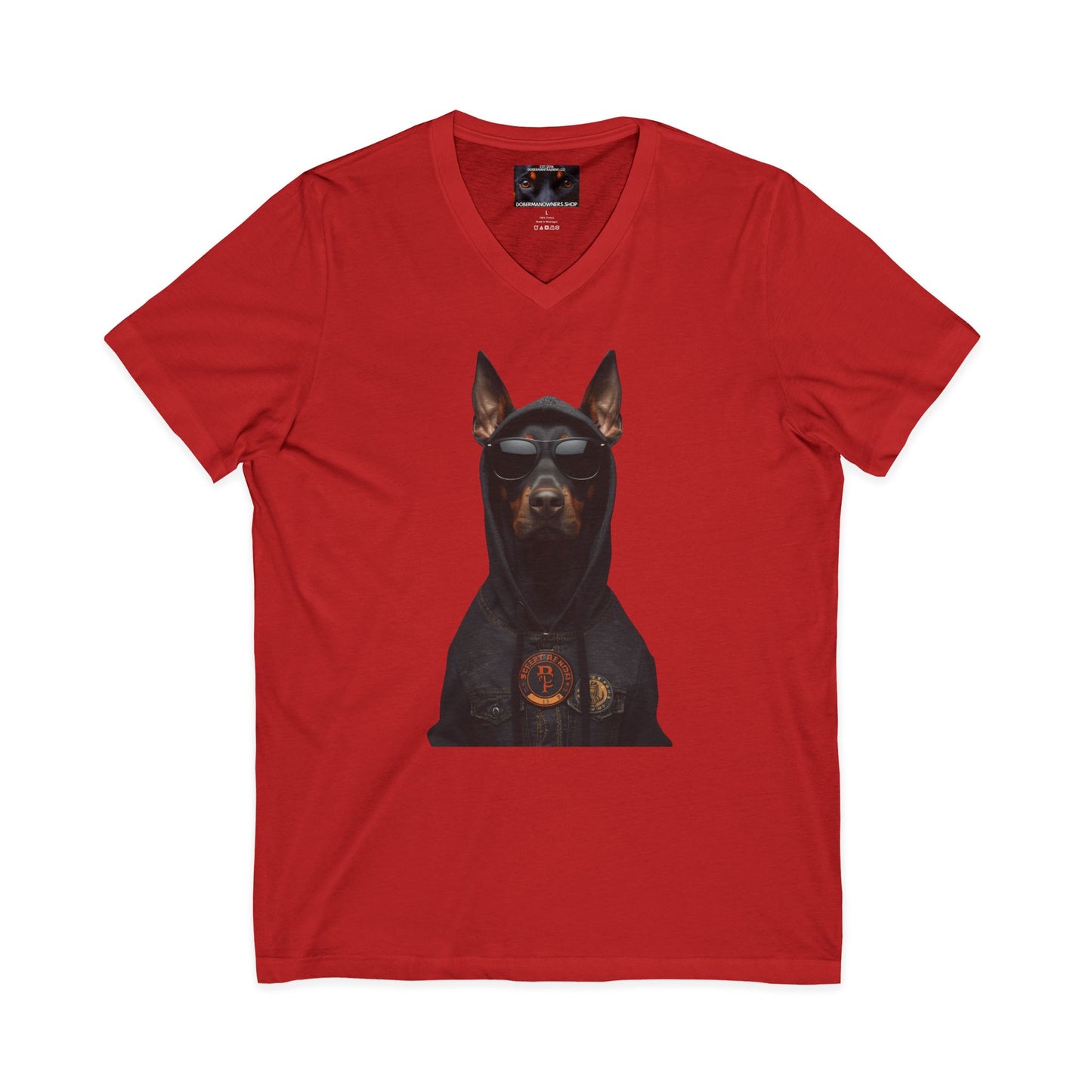 Doberman in hoodie 1 Private Label Unisex Jersey Short Sleeve V-Neck Tee