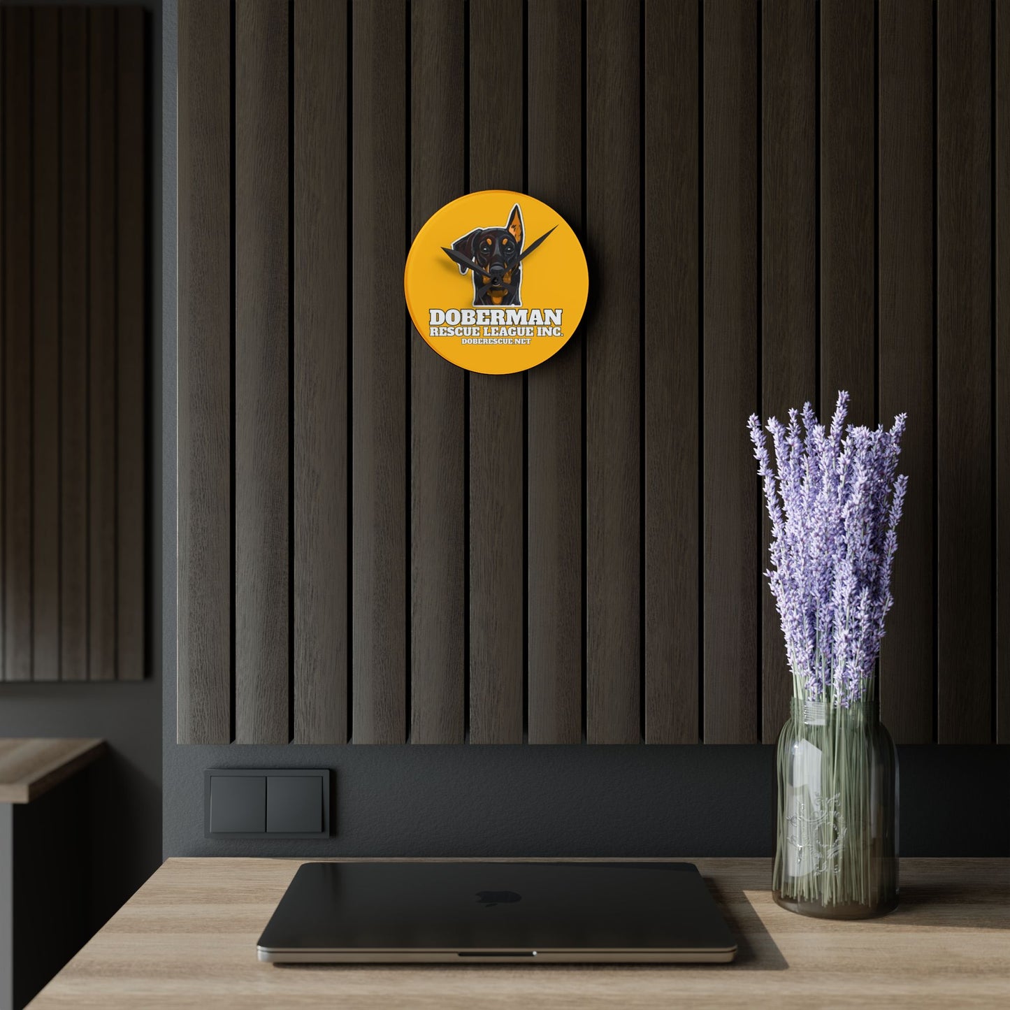 Doberman Rescue League Acrylic Wall Clock – Bright Yellow Dog Rescue Decor