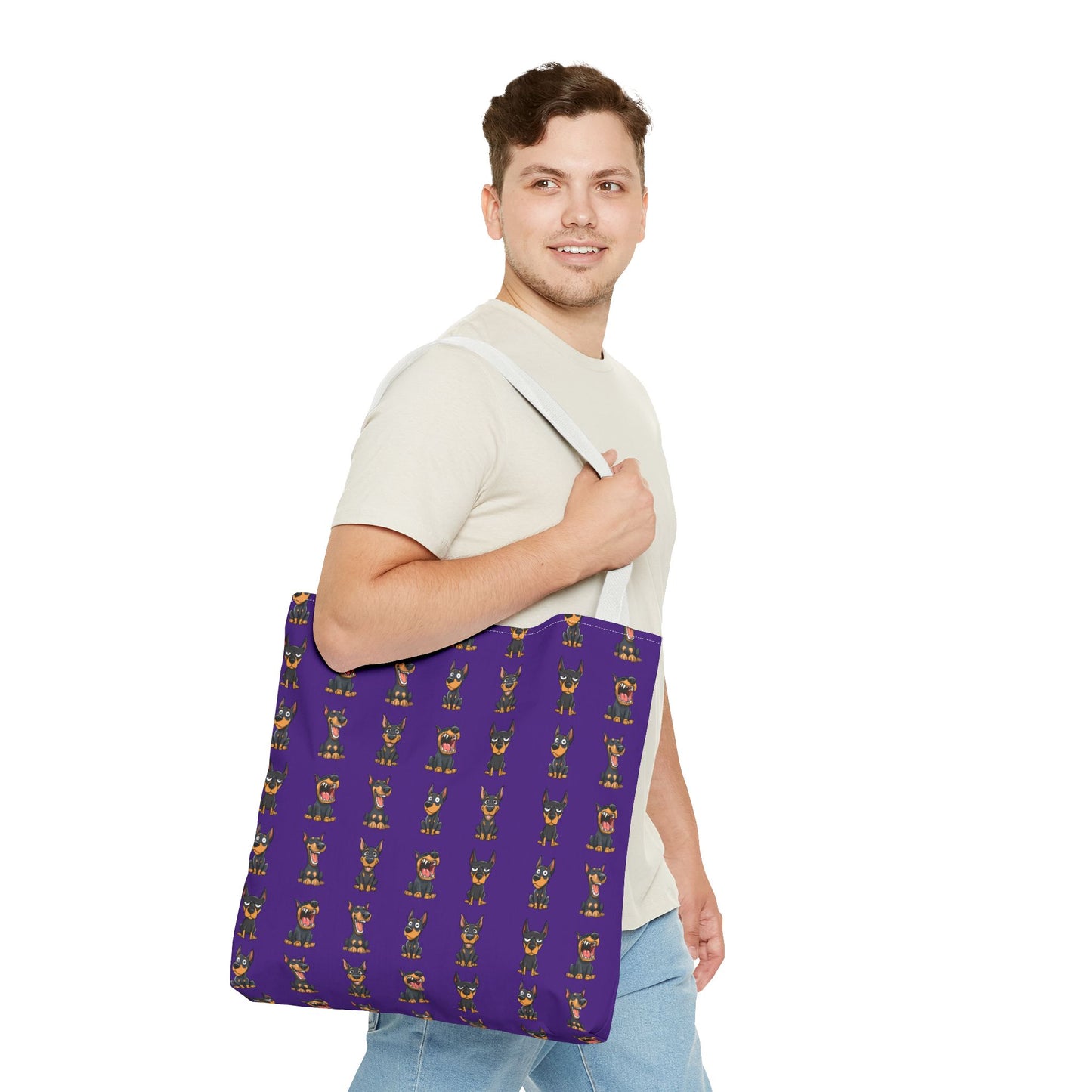 Doberman Cartoon Pattern Purple Tote Bag