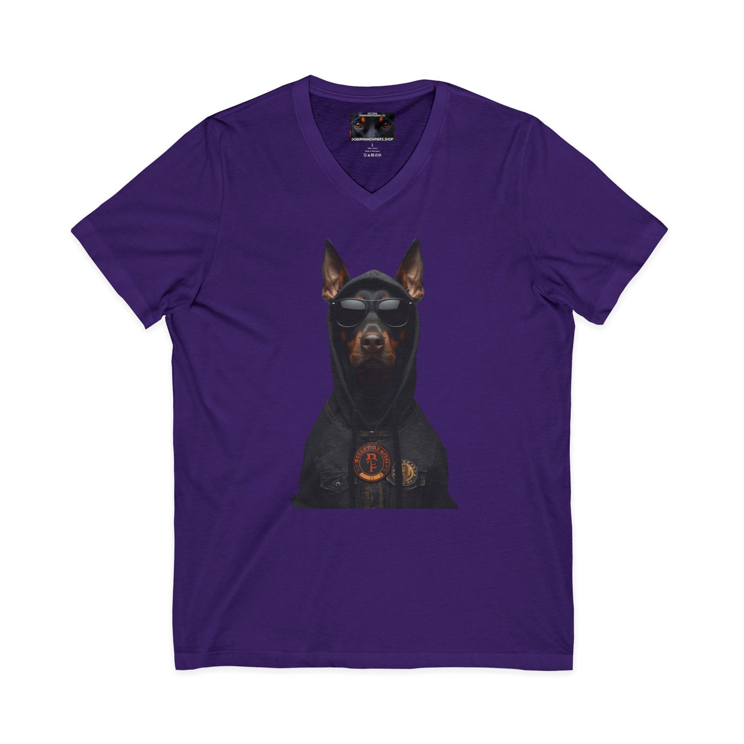 Doberman in hoodie 1 Private Label Unisex Jersey Short Sleeve V-Neck Tee