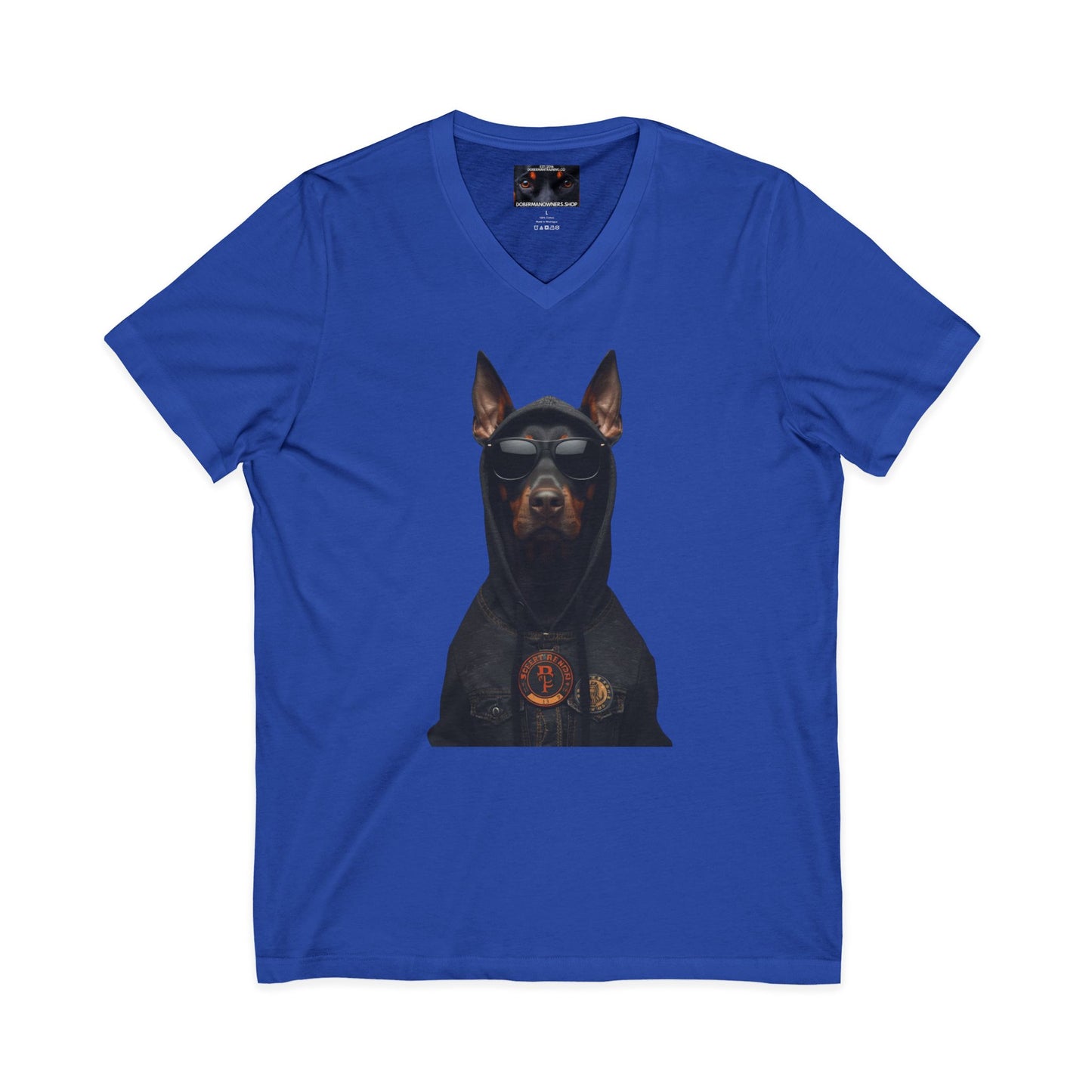 Doberman in hoodie 1 Private Label Unisex Jersey Short Sleeve V-Neck Tee