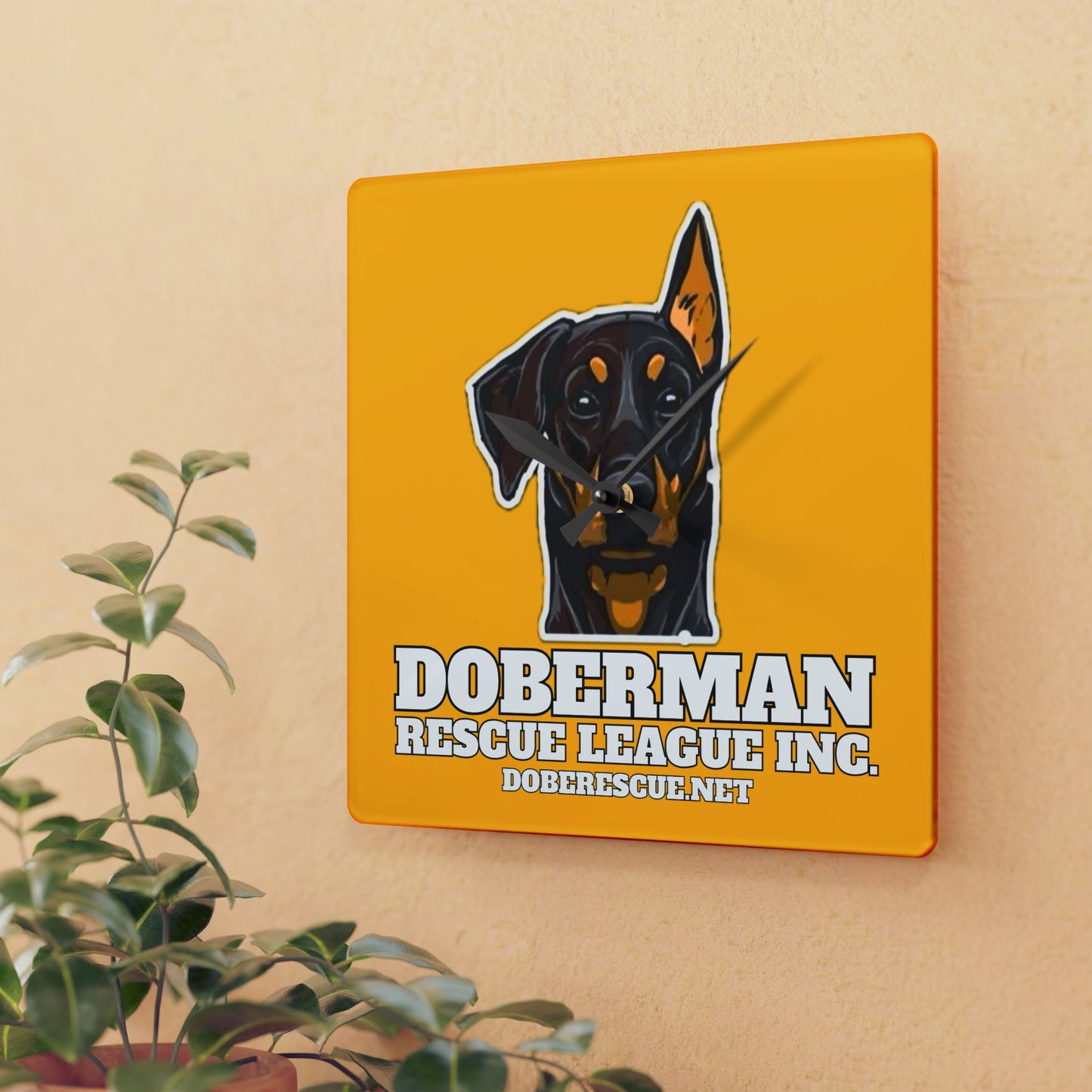 Doberman Rescue League Acrylic Wall Clock – Bright Yellow Dog Rescue Decor