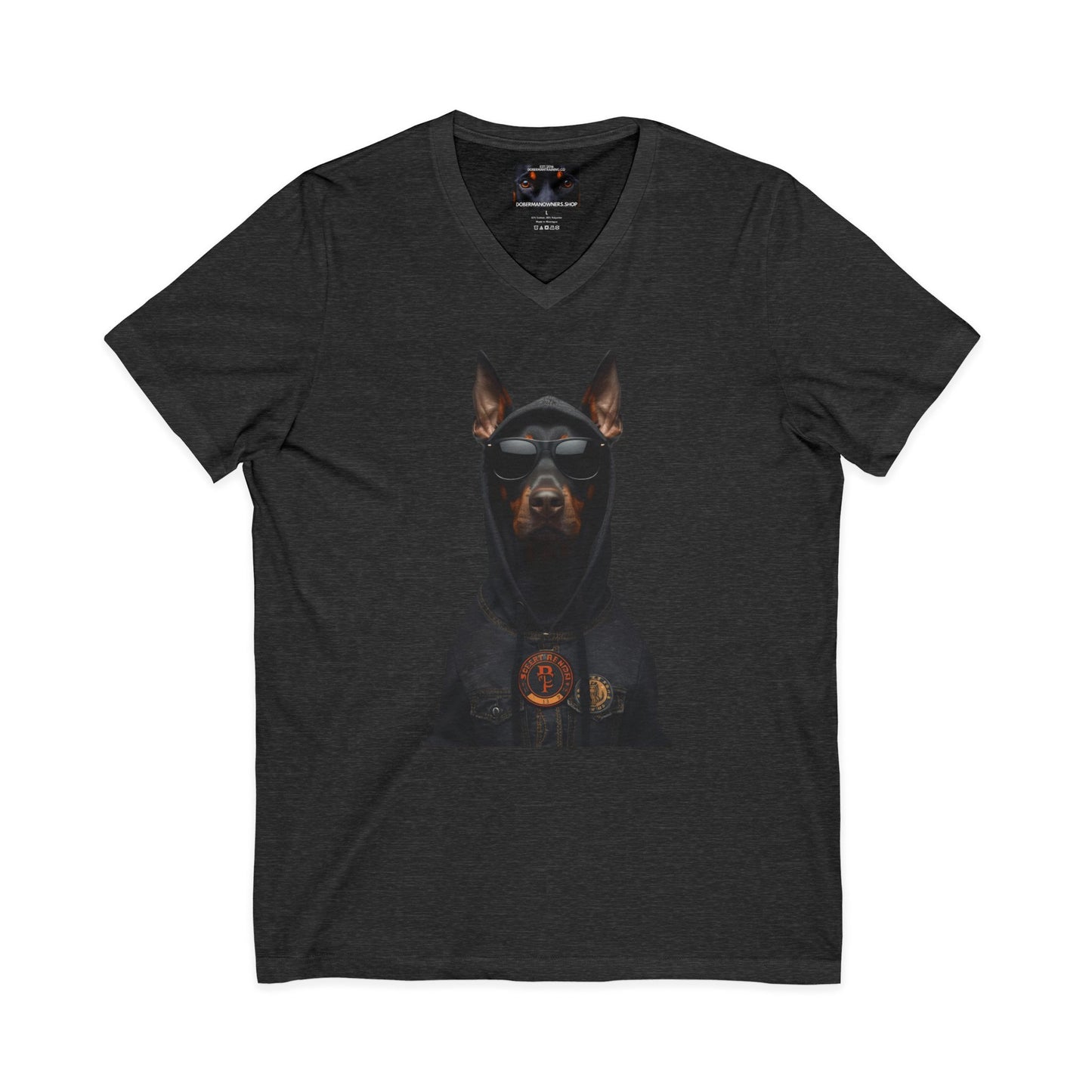 Doberman in hoodie 1 Private Label Unisex Jersey Short Sleeve V-Neck Tee