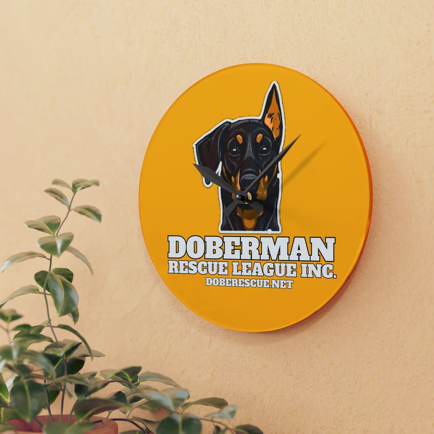 Doberman Rescue League Acrylic Wall Clock – Bright Yellow Dog Rescue Decor
