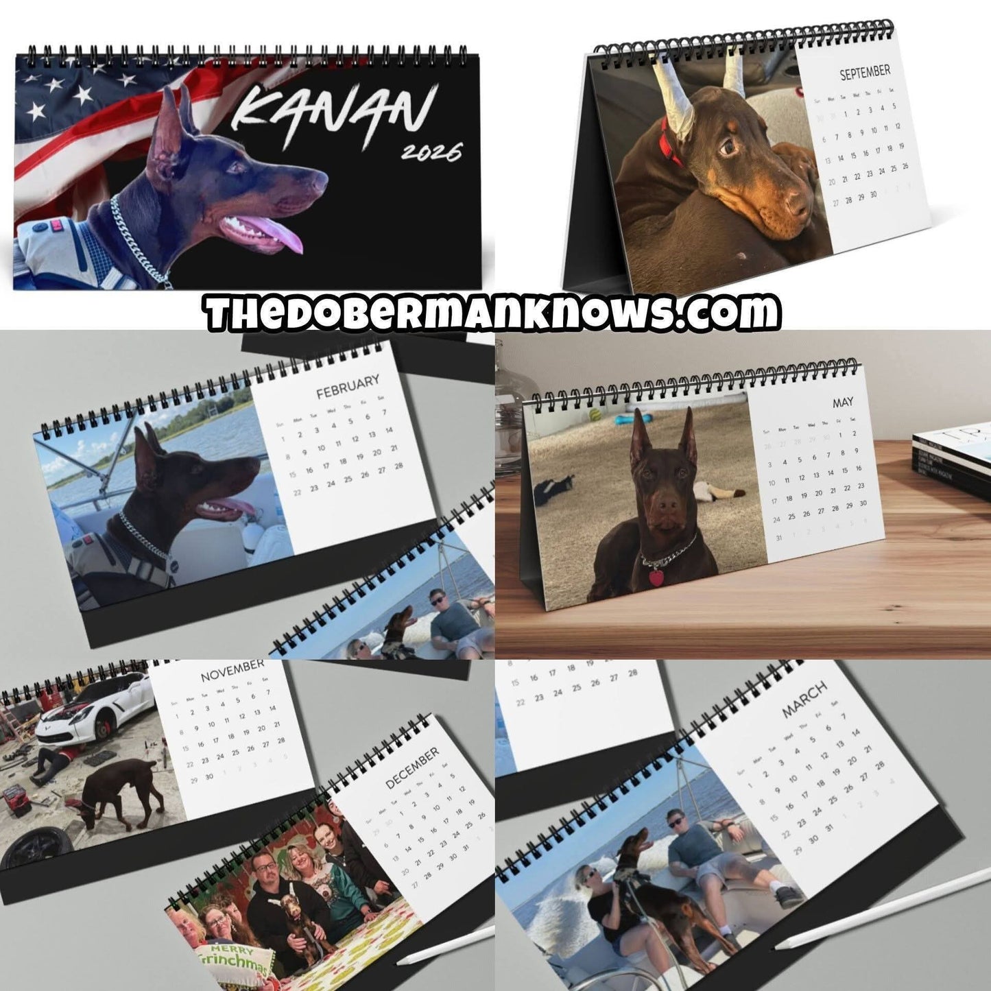 Custom Desktop Calendar — 2026 Doberman Holiday Portraits Grid
